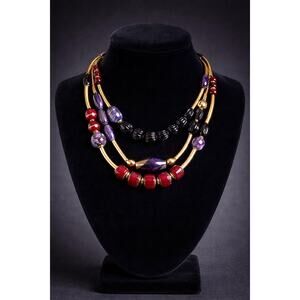 Chico’s Multistrand Statement Necklace Red Purple Gold Tone Career